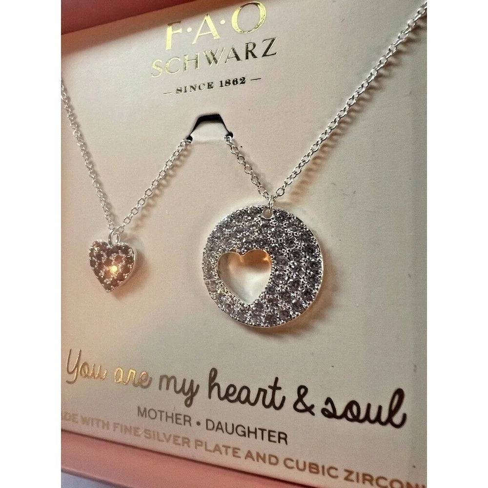 FAO‎ Schwarz Mother Daughter Heart & Soul Necklace Set Fine Silver Plate CZ New